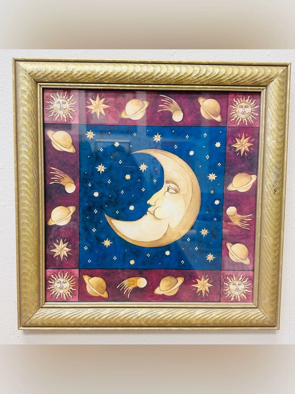 Rare Vintage 90s Mary Beth Zeitz Celestial Moon & Stars Framed Art 14.5 X 14.5